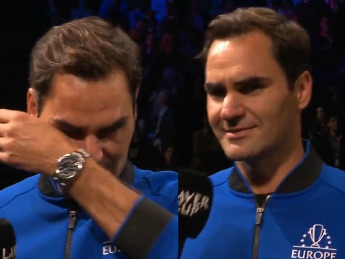 Emotional moment: Rafael Nadal in tears for Federer's farewell speech