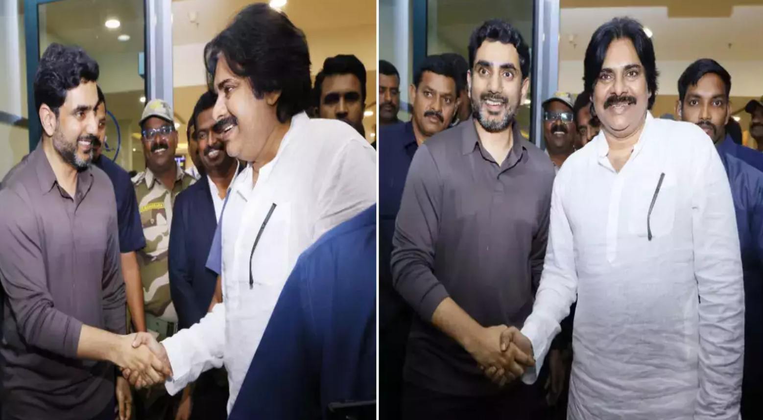 Pawan Kalyan, Nara Lokesh greet each other at Gannavaram airport